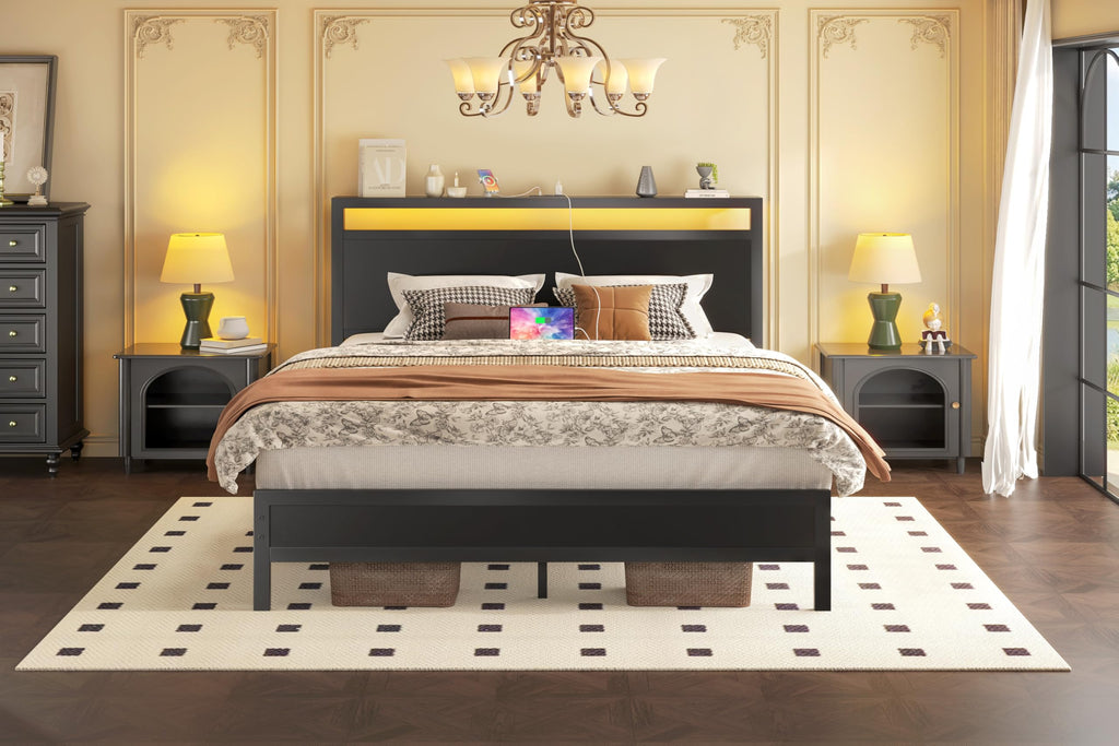 Full Bed Frame with Headboard, Footboard, Charging Station, LED Light, Storage Shelf, Black H82082