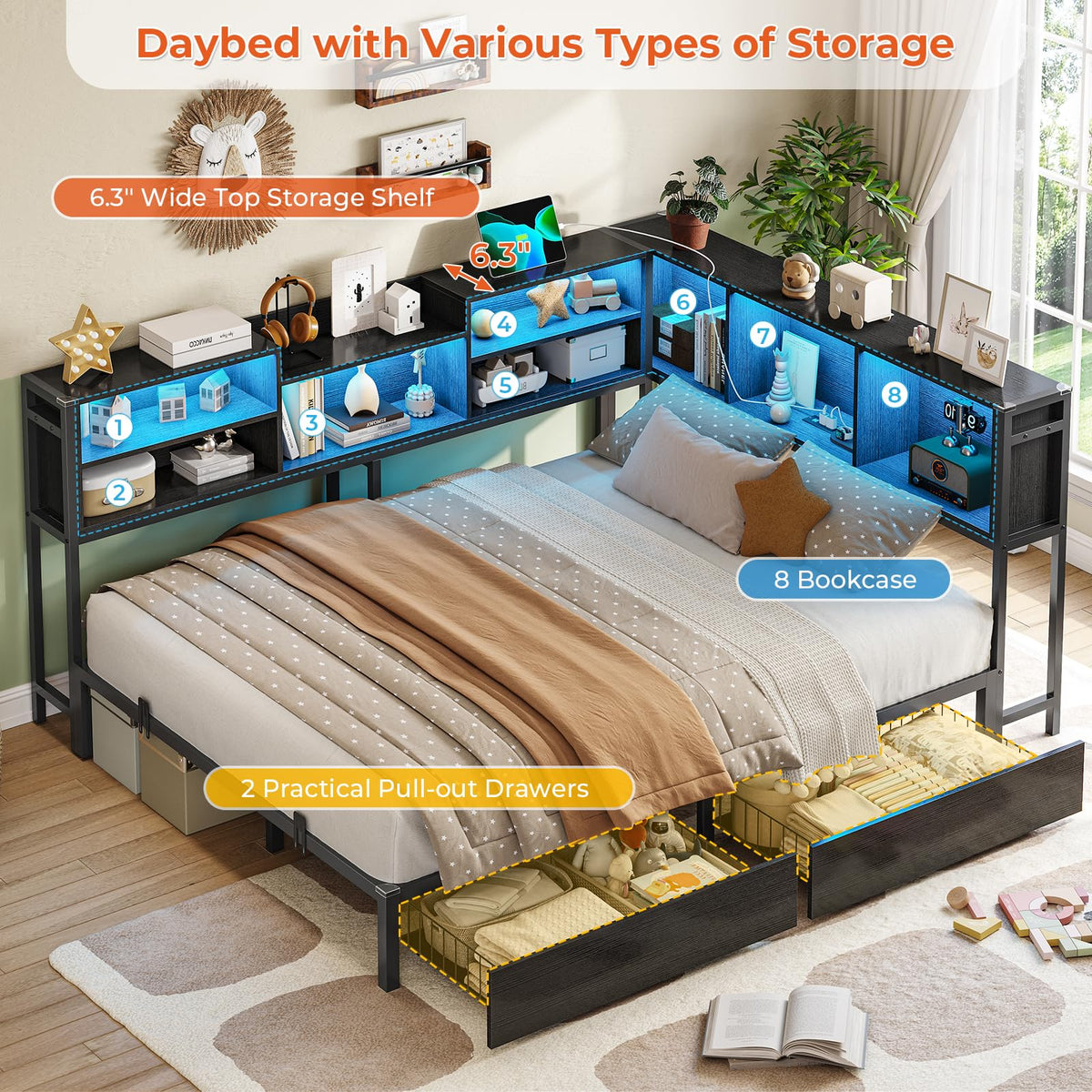 Full Corner Bed Frame with Storage Bookcase and 2 Drawers, Black J78206