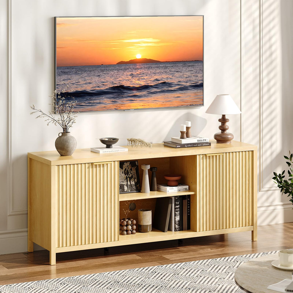 57.8" Oak TV Stand for 70 Inch TV with Adjustable Shelves and Cabinet Storage N8003
