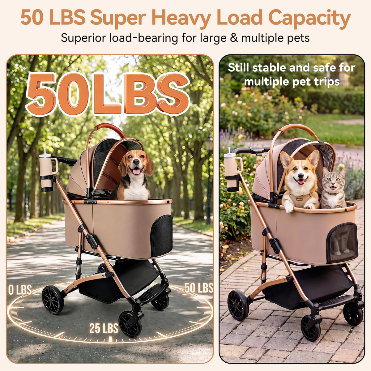 Khaki 3-in-1 Pet Stroller with Detachable Carrier S313483