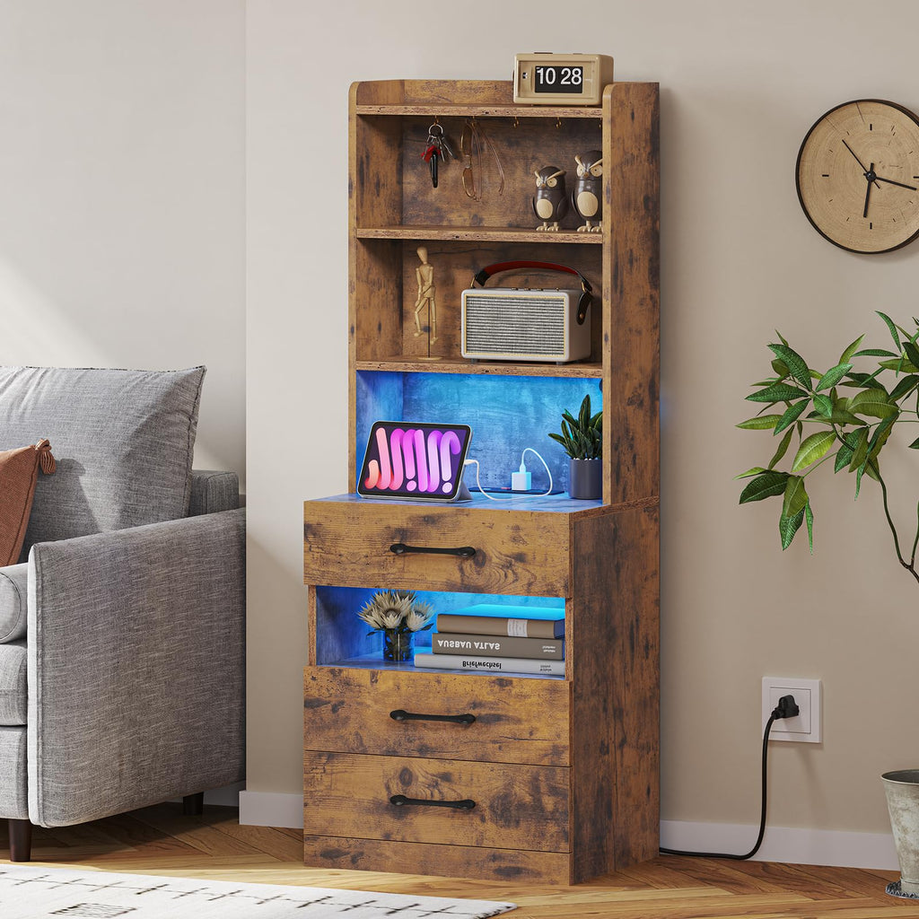Rustic Brown Nightstand with Charging Station and LED Lights Z51139