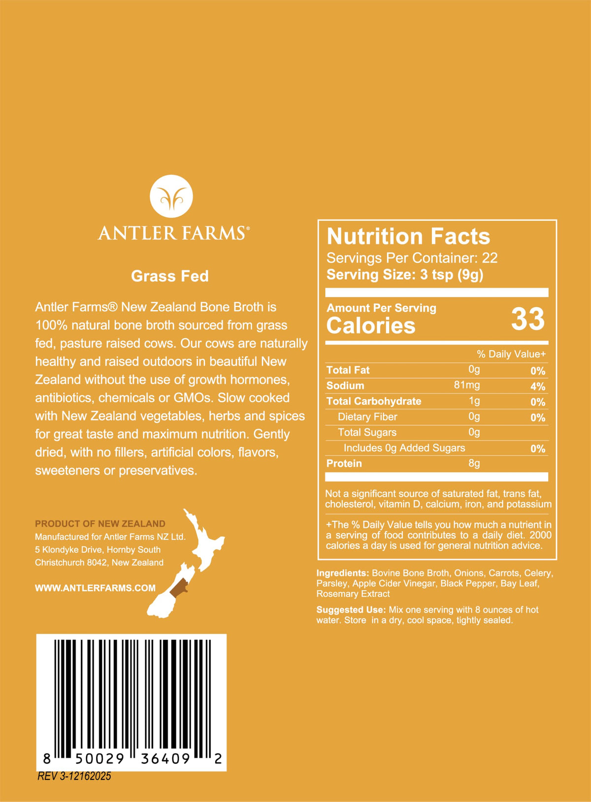 100% Grass Fed New Zealand Bone Broth Powder, 40 Servings, 200g P2801