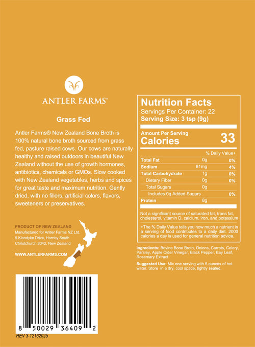 100% Grass Fed New Zealand Bone Broth Powder, 40 Servings, 200g P2801