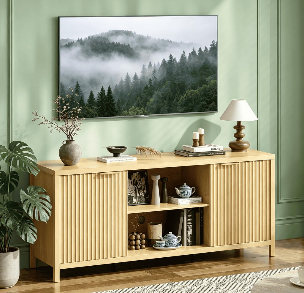 57.8" Oak TV Stand for 70 Inch TV with Adjustable Shelves and Cabinet Storage N8003