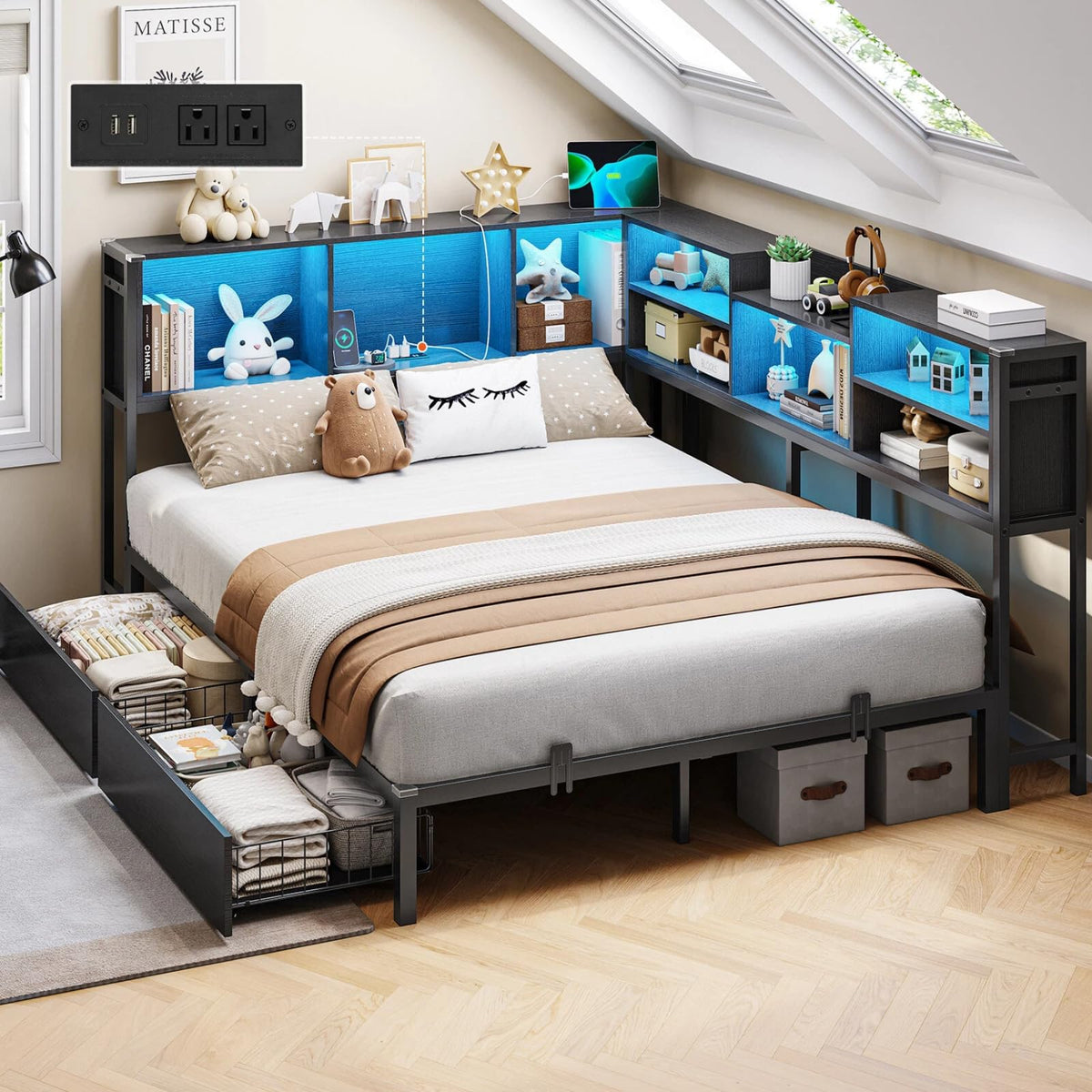 Full Corner Bed Frame with Storage Bookcase and 2 Drawers, Black J78206
