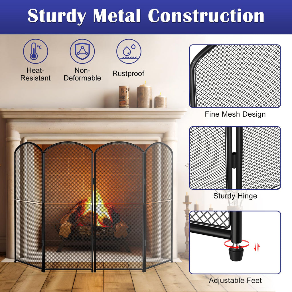 Black Metal Foldable 4-Panel Fireplace Screen M259357