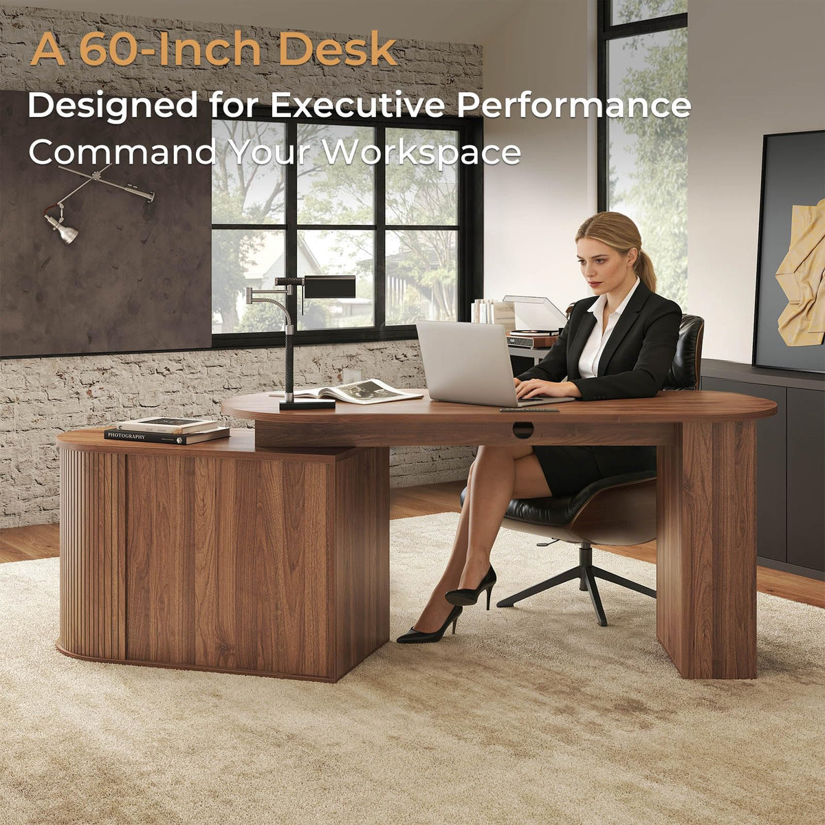 L Shaped Corner Desk with Storage Cabinet Walnut 60 Inch I5378