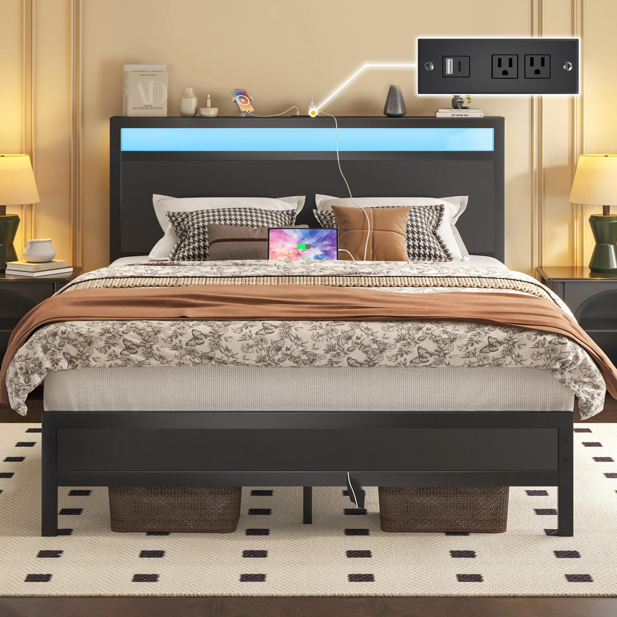 Full Bed Frame with Headboard, Footboard, Charging Station, LED Light, Storage Shelf, Black H82082