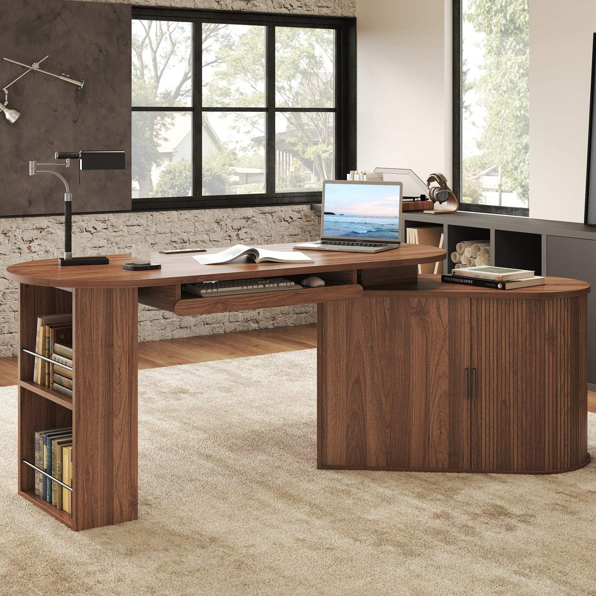 L Shaped Corner Desk with Storage Cabinet Walnut 60 Inch I5378
