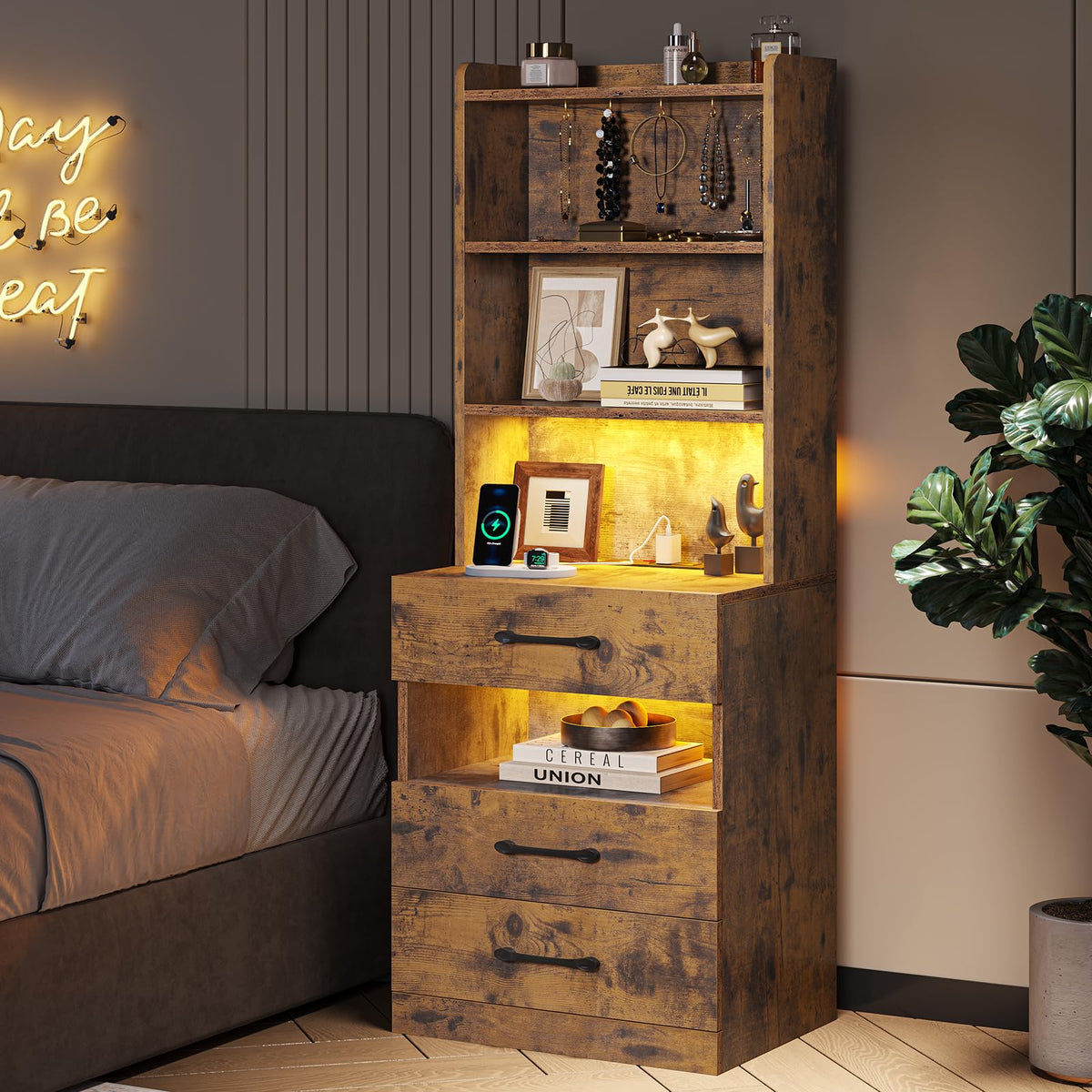 Rustic Brown Nightstand with Charging Station and LED Lights Z51139
