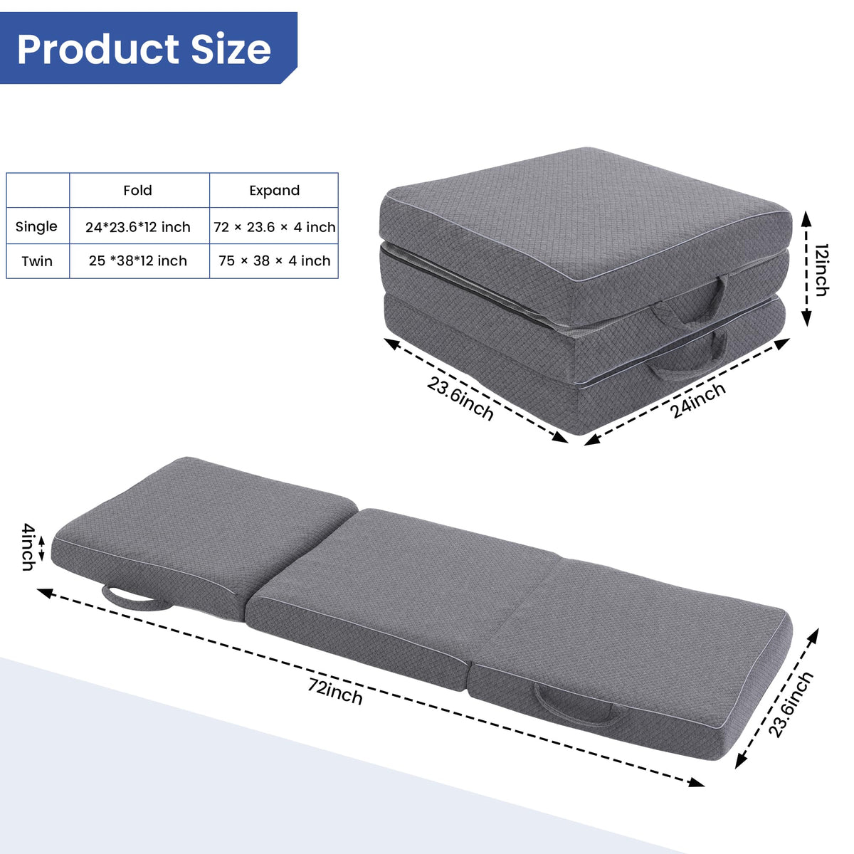 4 Inch Tri-Fold Memory Foam Mattress with Washable Cover A275