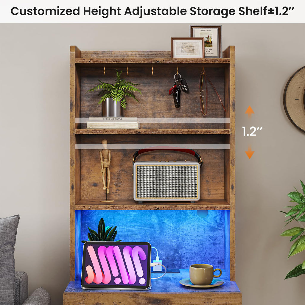 Rustic Brown Nightstand with Charging Station and LED Lights Z51139