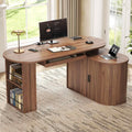 L Shaped Corner Desk with Storage Cabinet Walnut 60 Inch I5378