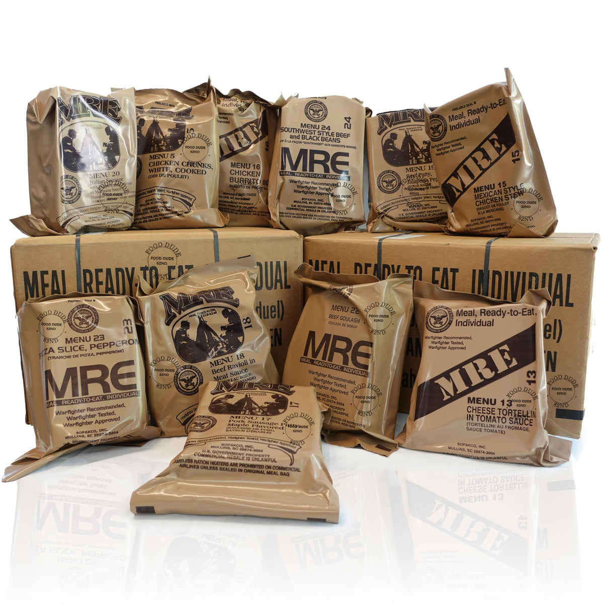 12 MRE Meals Ready to Eat with Heater Packs D36177