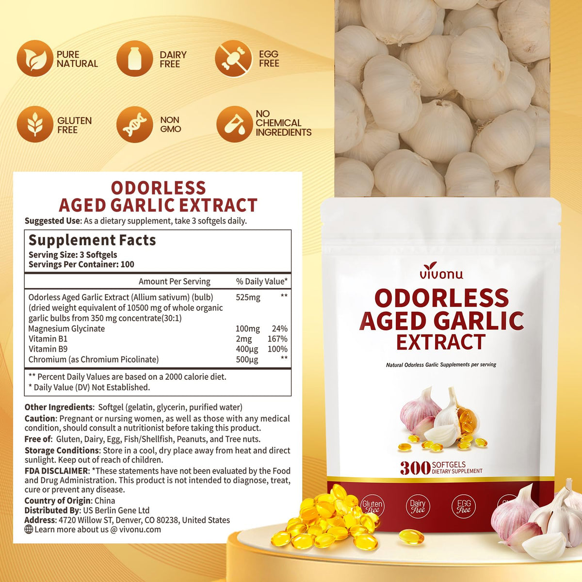 Aged Garlic Extract Capsules, 300 Softgels, Odorless, Gluten Free T745