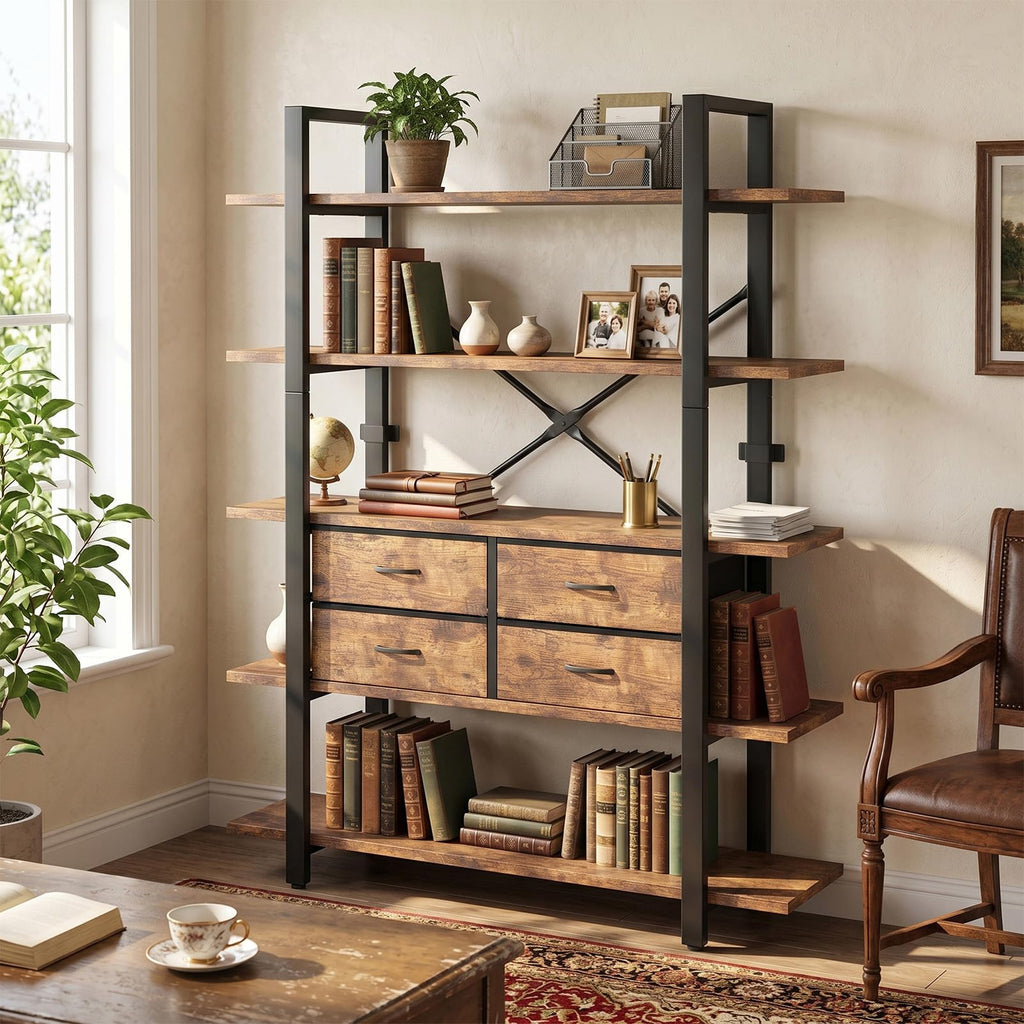 5-Tier Wood and Metal Bookshelf with 4 Fabric Drawers N102
