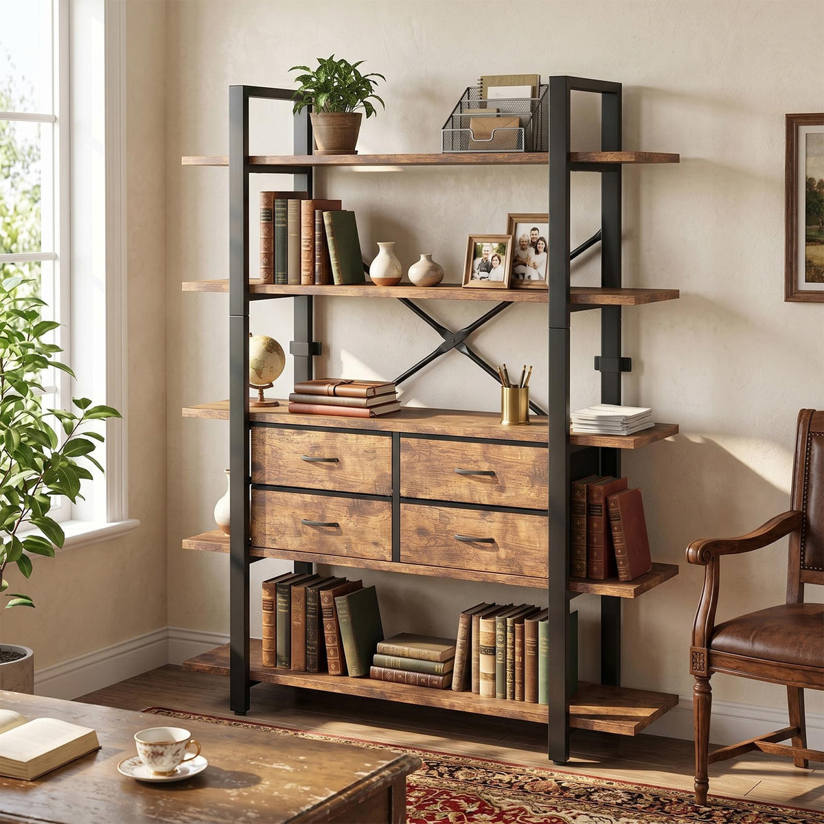 5-Tier Wood and Metal Bookshelf with 4 Fabric Drawers N102