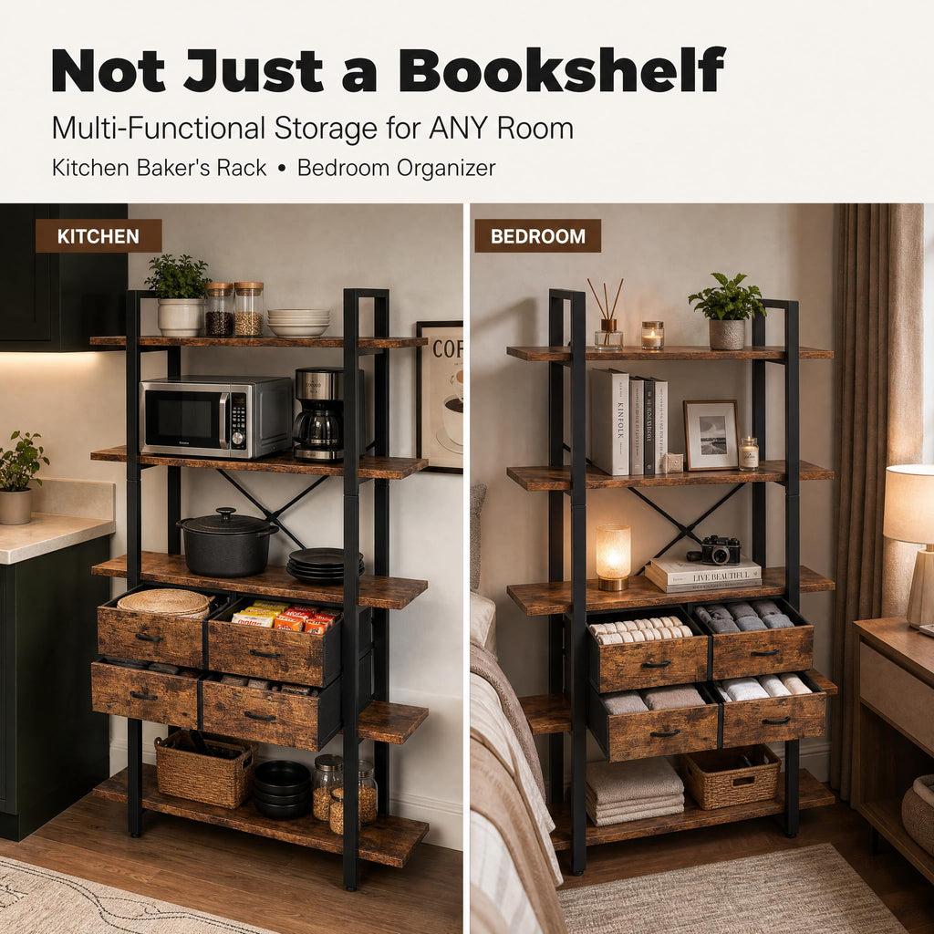 5-Tier Wood and Metal Bookshelf with 4 Fabric Drawers N102