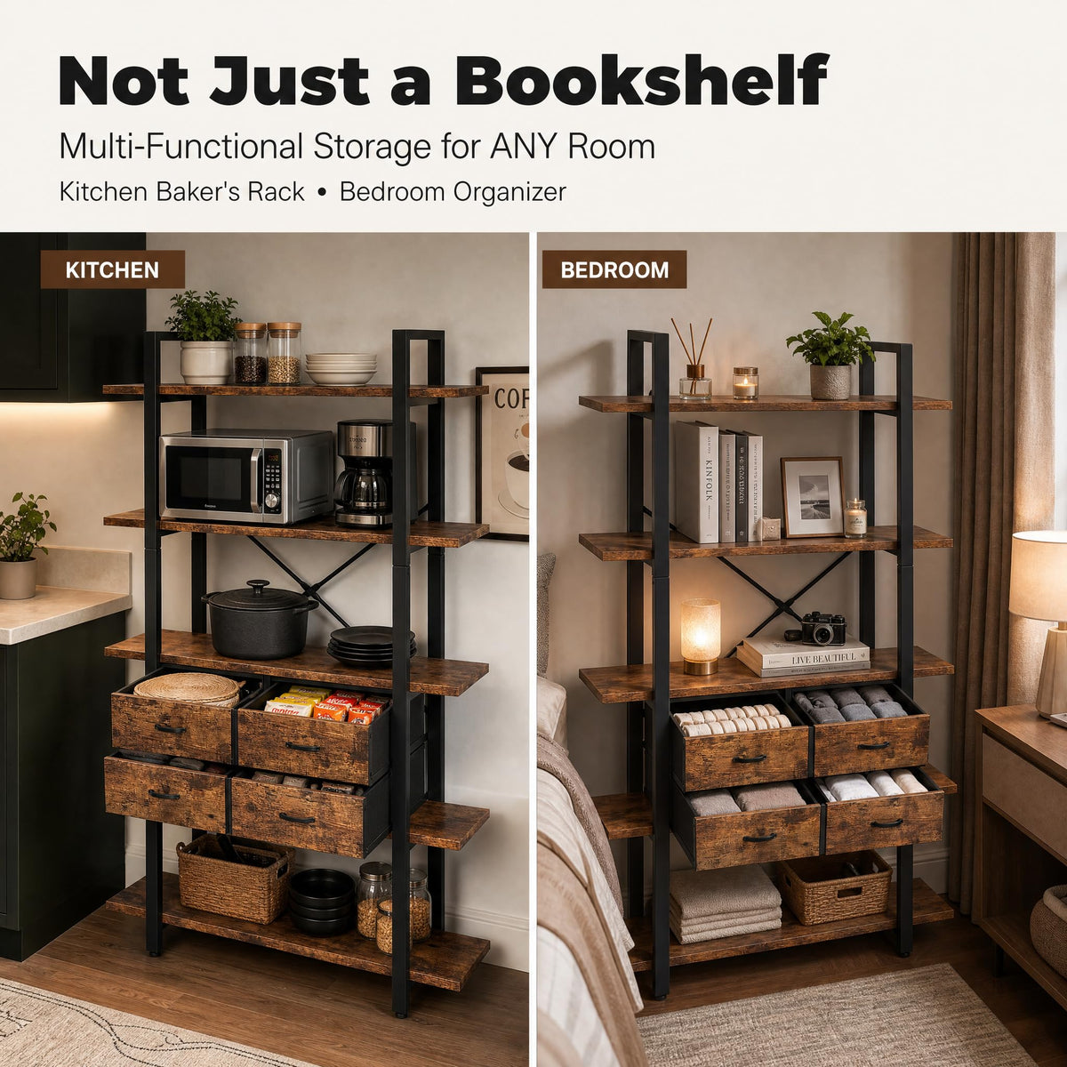 5-Tier Wood and Metal Bookshelf with 4 Fabric Drawers N102