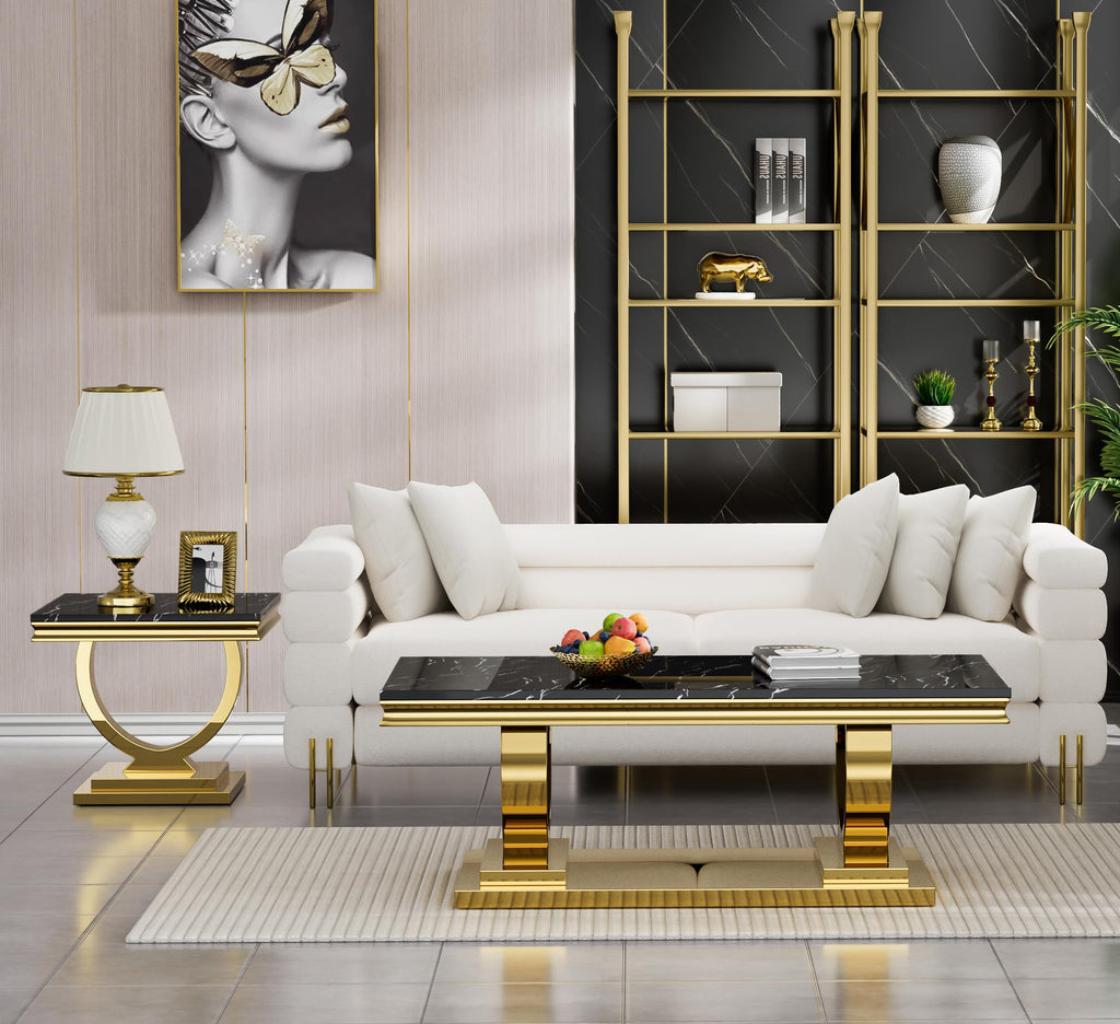 47" Black Faux Marble Coffee Table with Gold Pedestal Base X711775