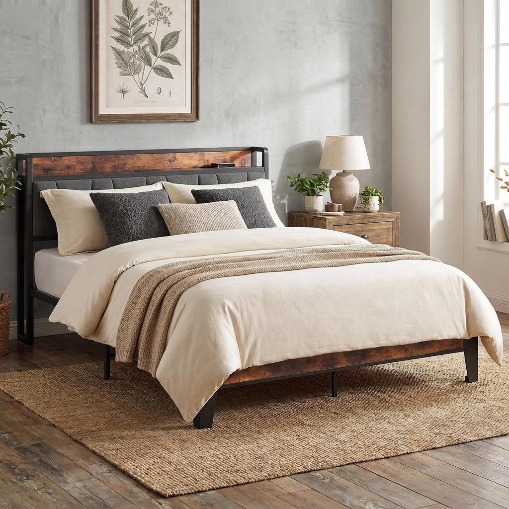 Queen Size Bed Frame with Storage Headboard and Charging Station V90935