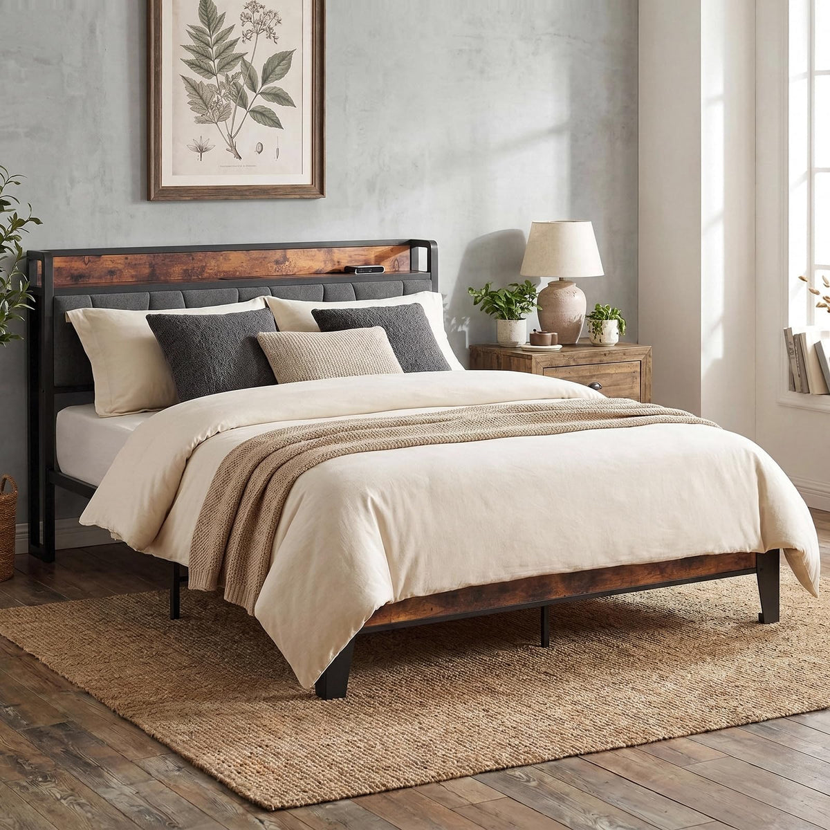 Queen Size Bed Frame with Storage Headboard and Charging Station V90935