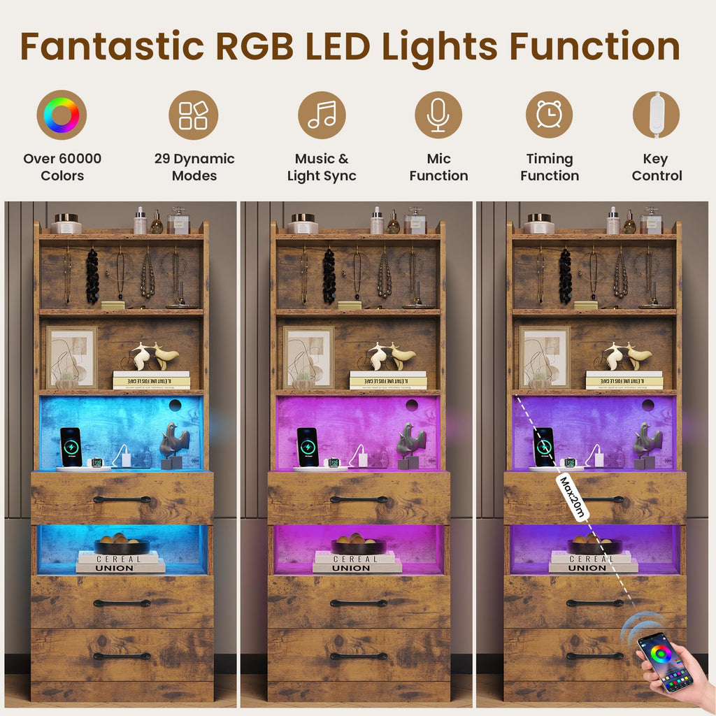 Rustic Brown Nightstand with Charging Station and LED Lights Z51139