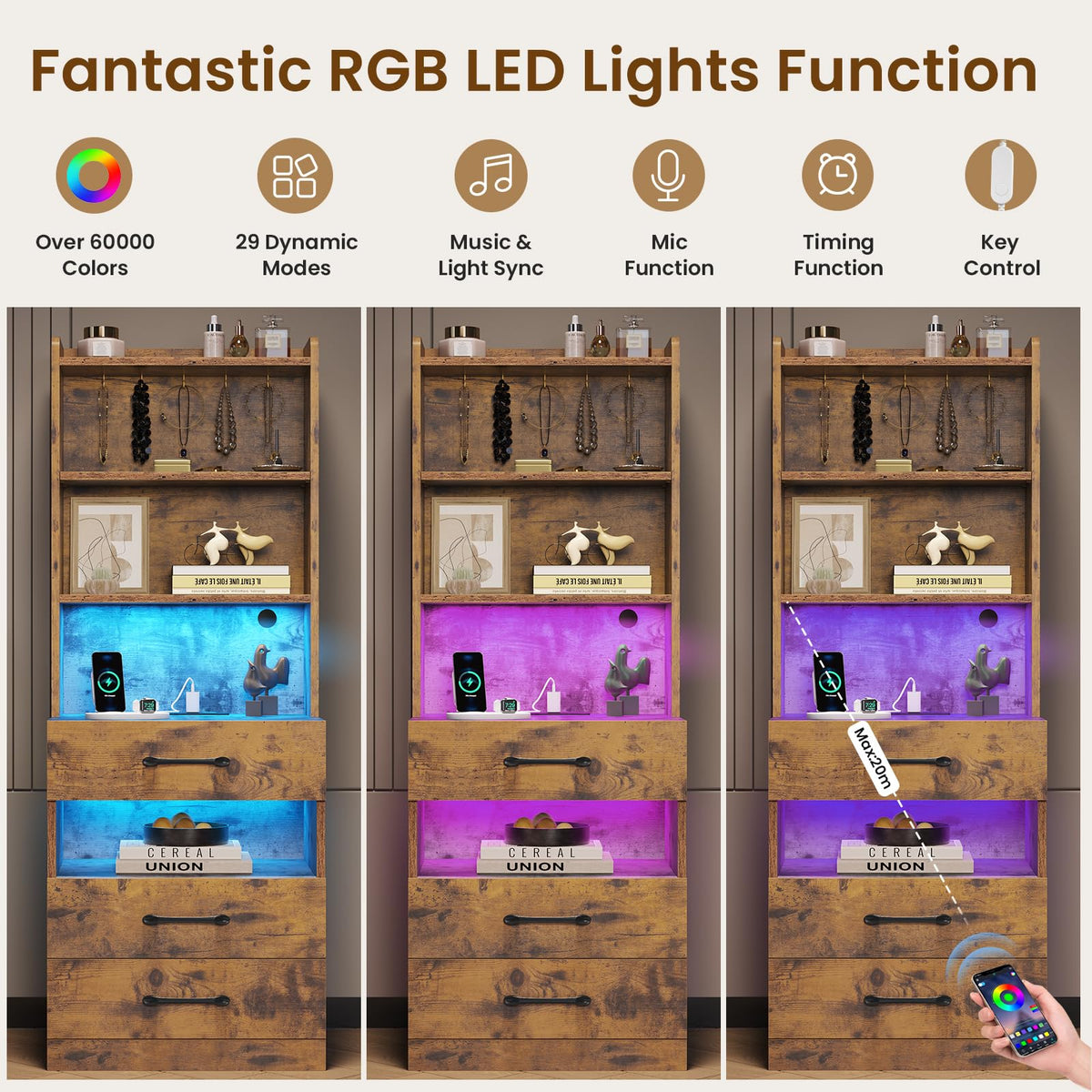 Rustic Brown Nightstand with Charging Station and LED Lights Z51139