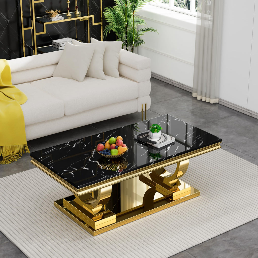 47" Black Faux Marble Coffee Table with Gold Pedestal Base X711775