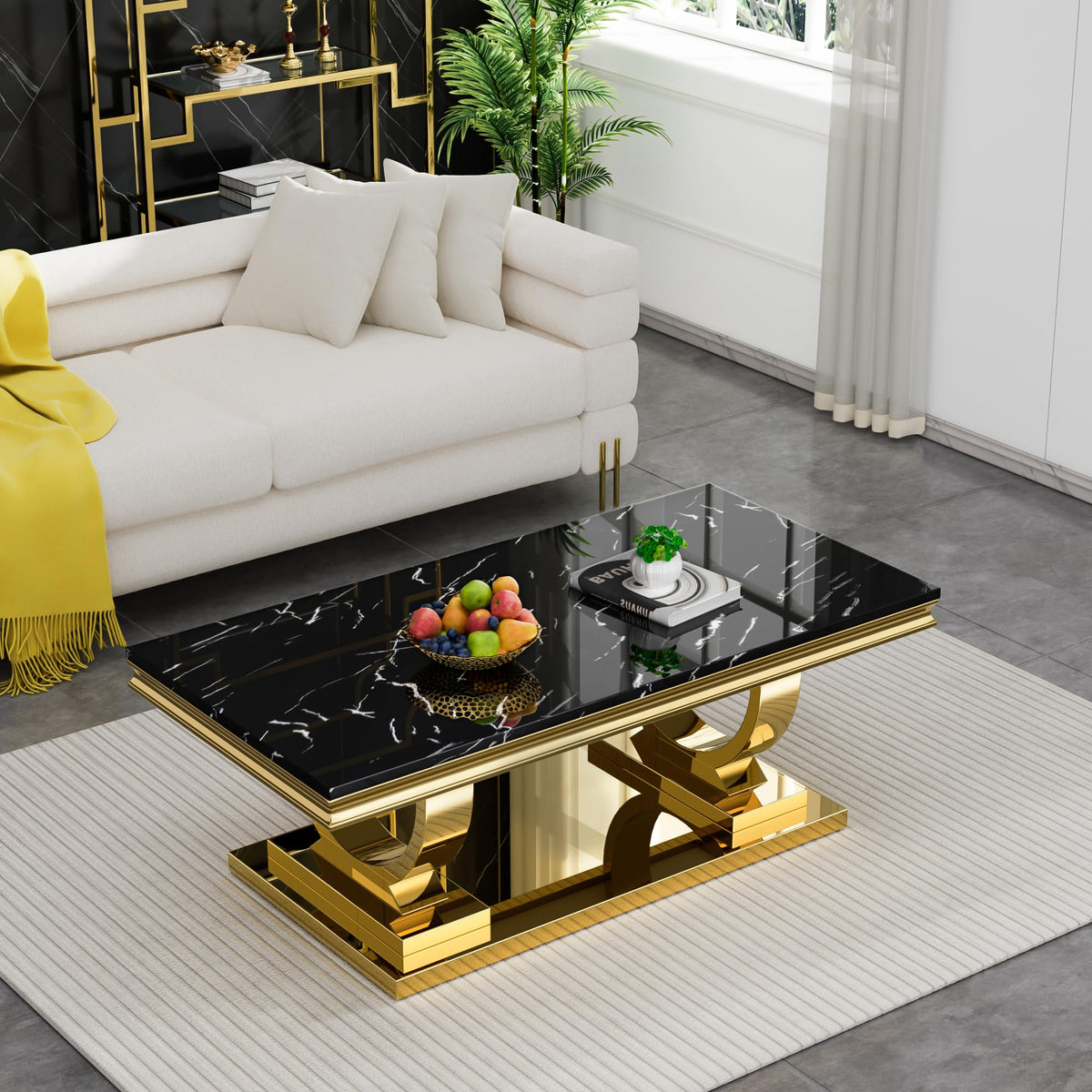 47" Black Faux Marble Coffee Table with Gold Pedestal Base X711775