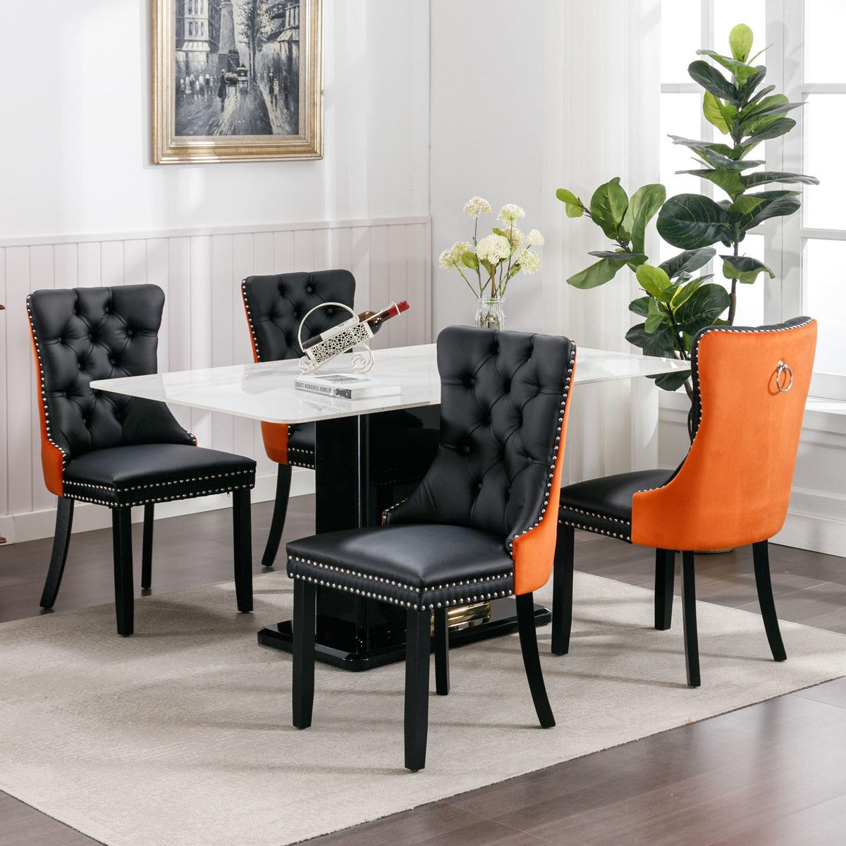 PU and Velvet Upholstered Dining Chairs with Solid Wood Legs K265637