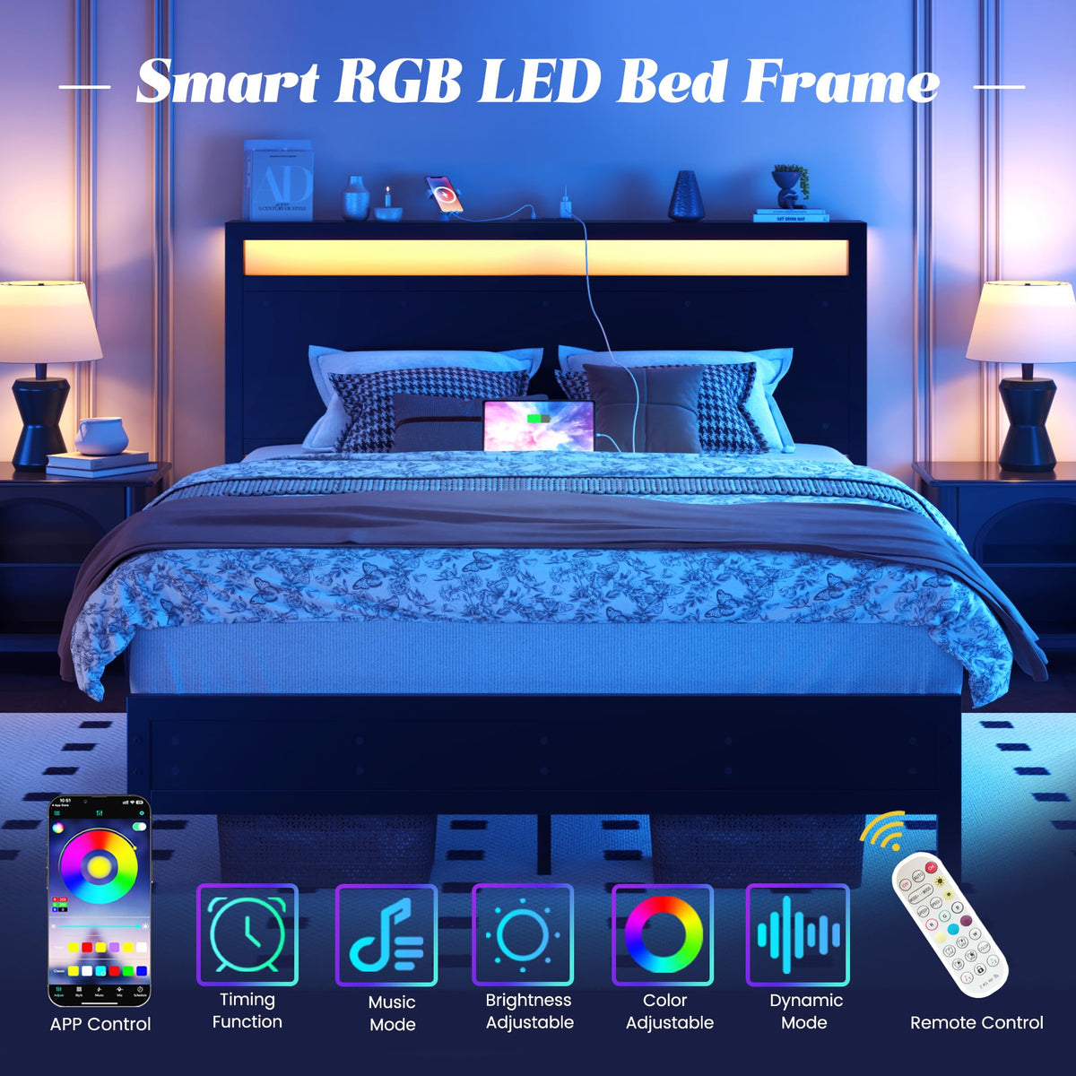 Full Bed Frame with Headboard, Footboard, Charging Station, LED Light, Storage Shelf, Black H82082