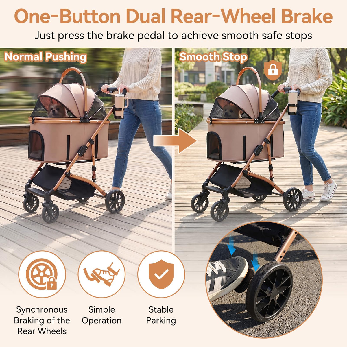 Khaki 3-in-1 Pet Stroller with Detachable Carrier S313483