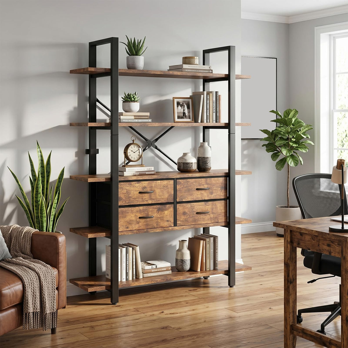 5-Tier Wood and Metal Bookshelf with 4 Fabric Drawers N102