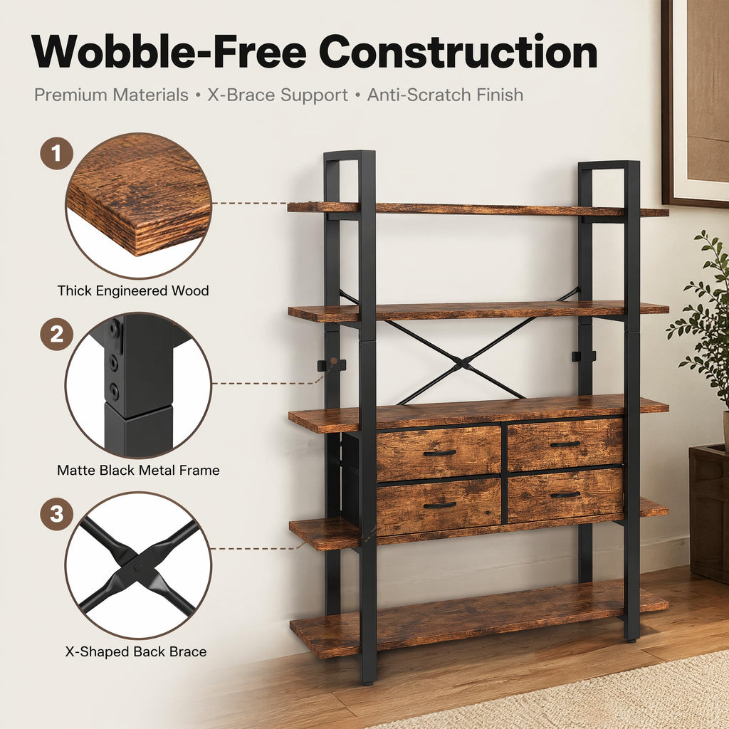 5-Tier Wood and Metal Bookshelf with 4 Fabric Drawers N102