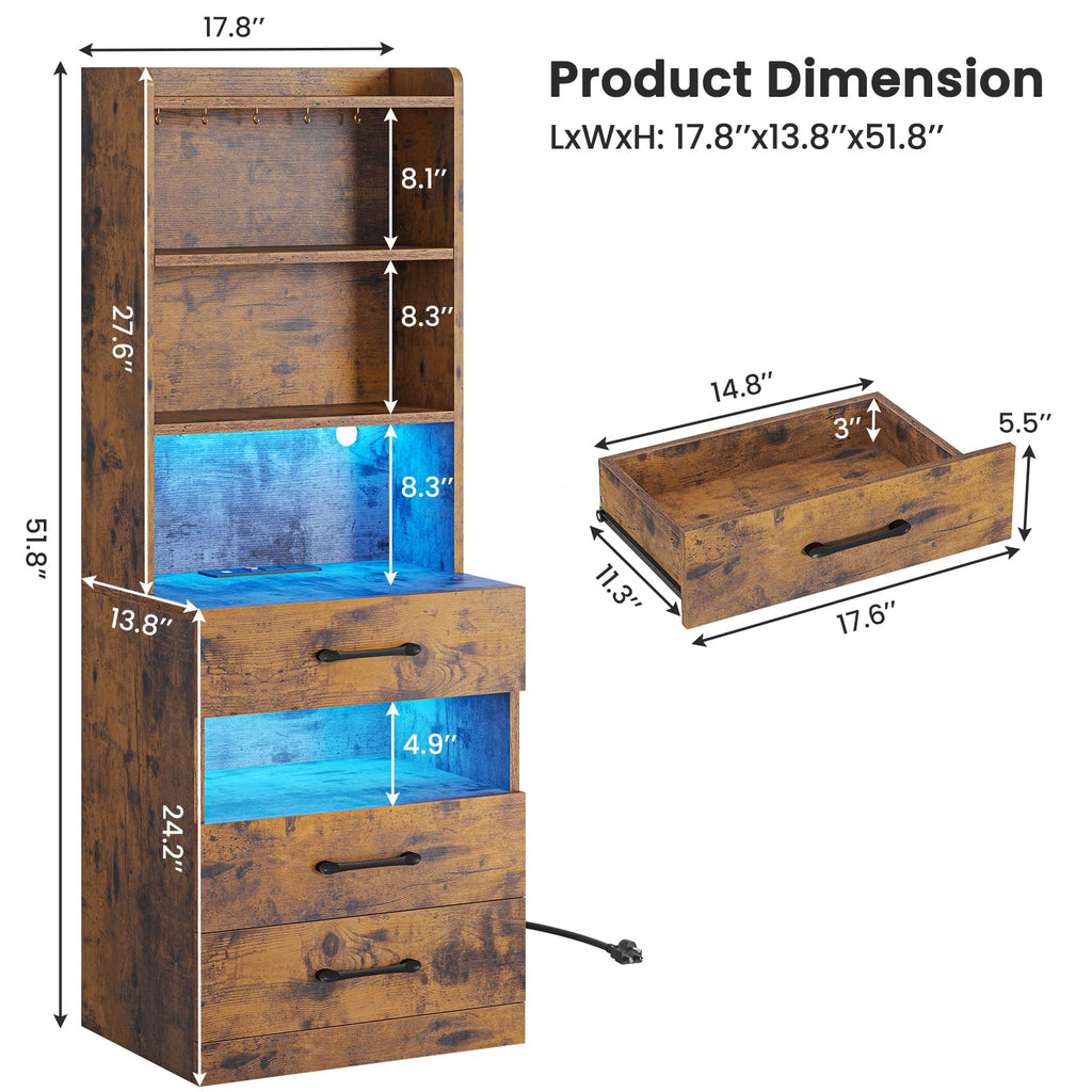 Rustic Brown Nightstand with Charging Station and LED Lights Z51139