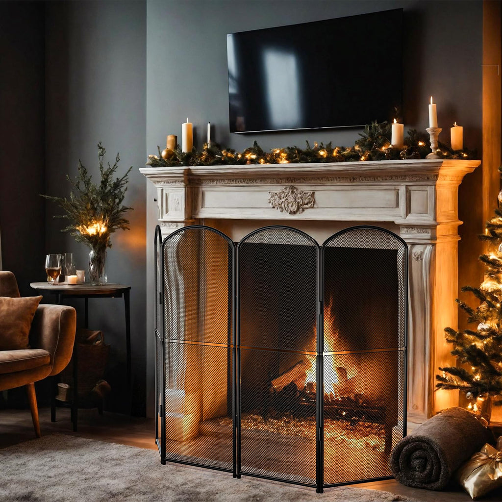 Black Metal Foldable 4-Panel Fireplace Screen M259357