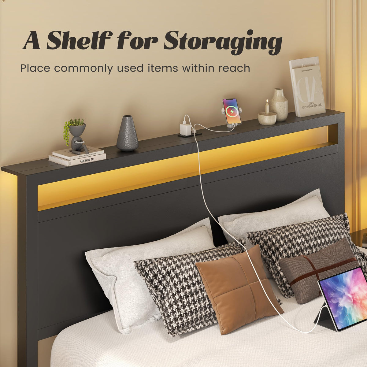 Full Bed Frame with Headboard, Footboard, Charging Station, LED Light, Storage Shelf, Black H82082