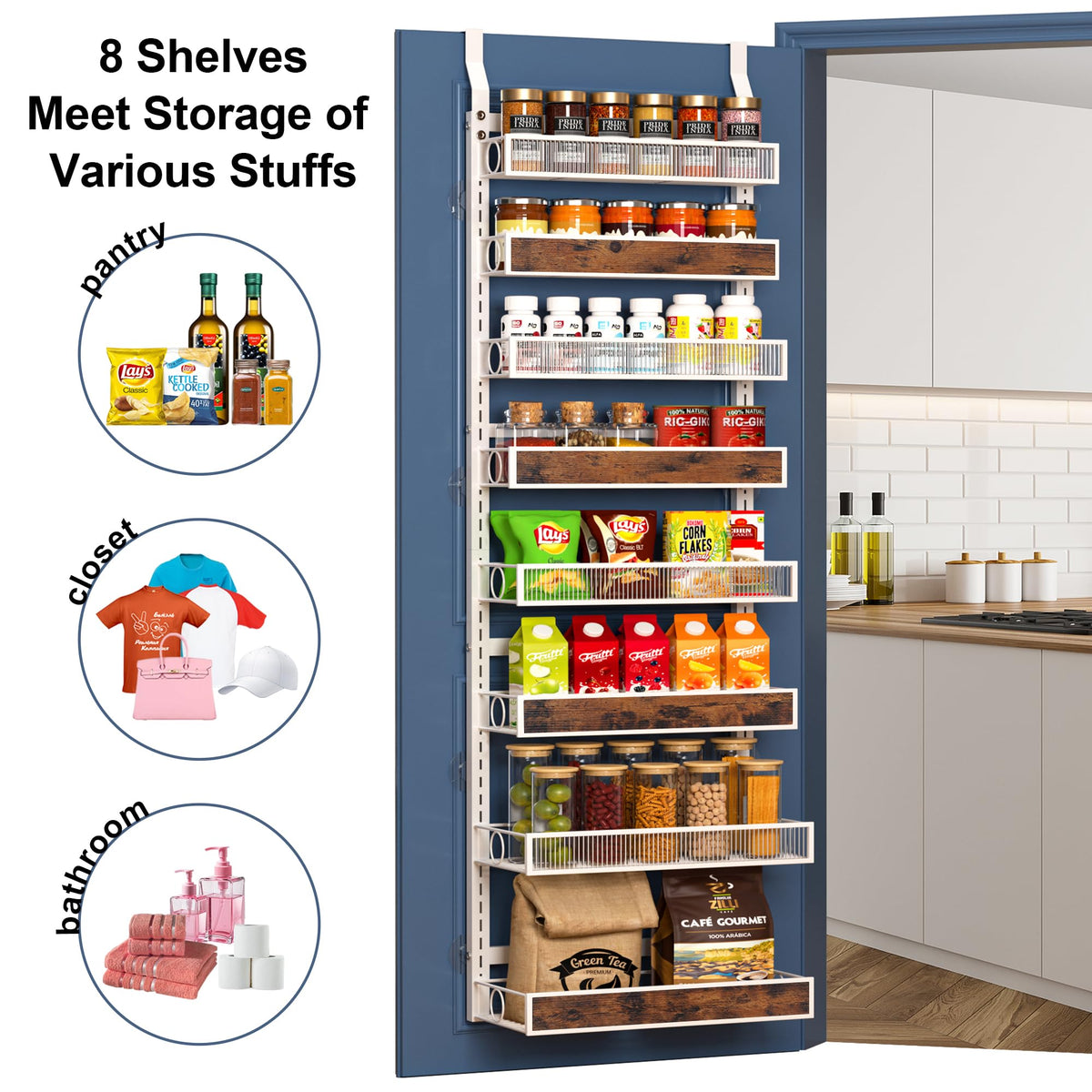 8 Tiers Pantry Door Organizer Spice Rack with Adjustable Baskets B8273