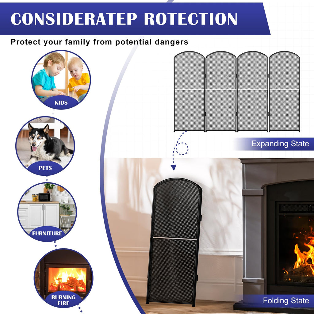 Black Metal Foldable 4-Panel Fireplace Screen M259357
