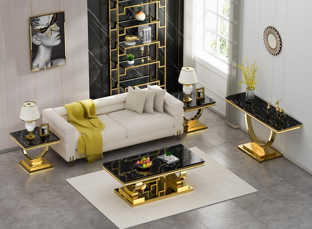 47" Black Faux Marble Coffee Table with Gold Pedestal Base X711775