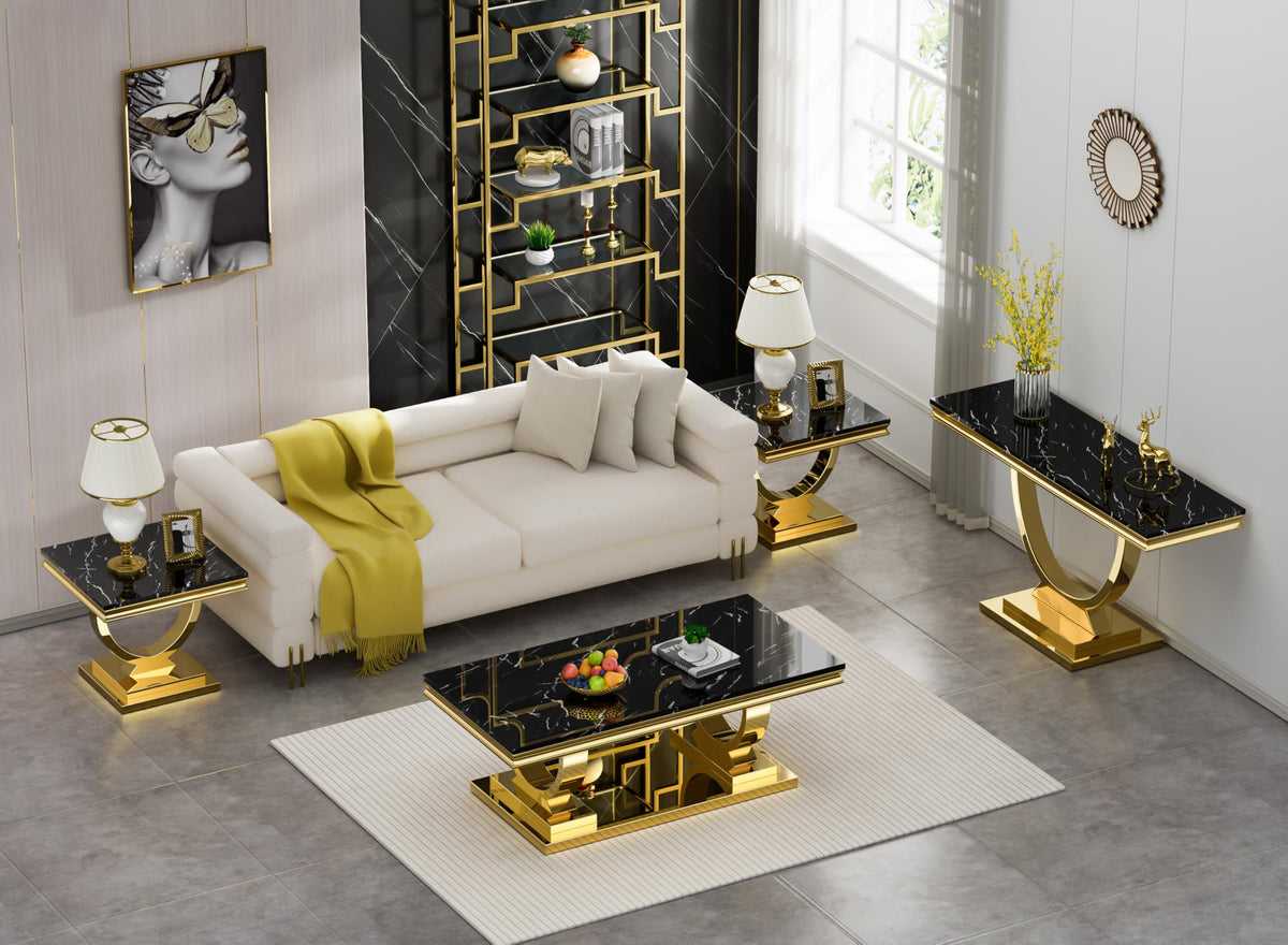 47" Black Faux Marble Coffee Table with Gold Pedestal Base X711775