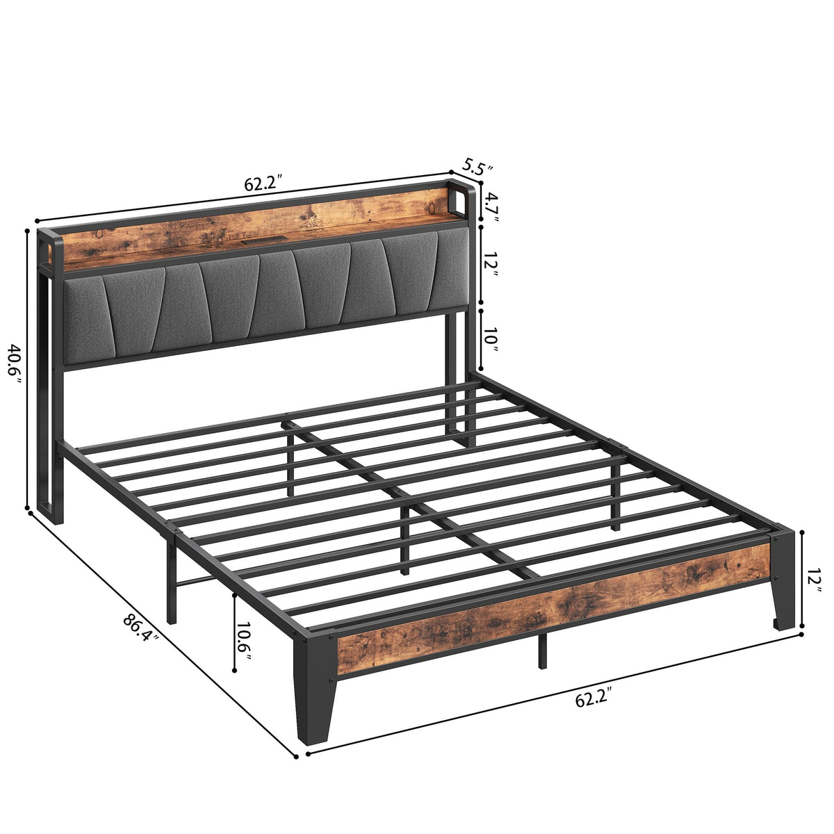 Queen Size Bed Frame with Storage Headboard and Charging Station V90935
