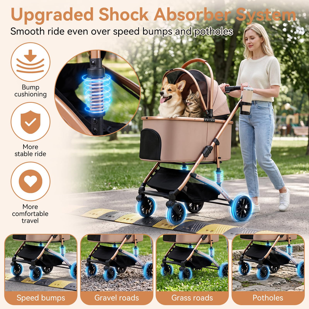 Khaki 3-in-1 Pet Stroller with Detachable Carrier S313483