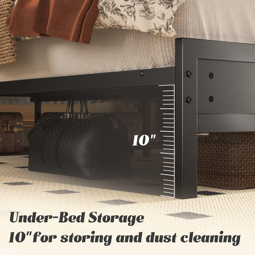 Full Bed Frame with Headboard, Footboard, Charging Station, LED Light, Storage Shelf, Black H82082