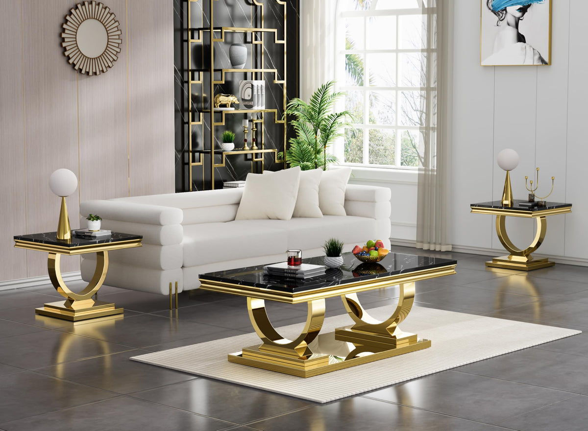 47" Black Faux Marble Coffee Table with Gold Pedestal Base X711775