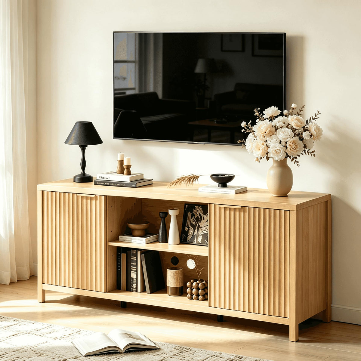 57.8" Oak TV Stand for 70 Inch TV with Adjustable Shelves and Cabinet Storage N8003