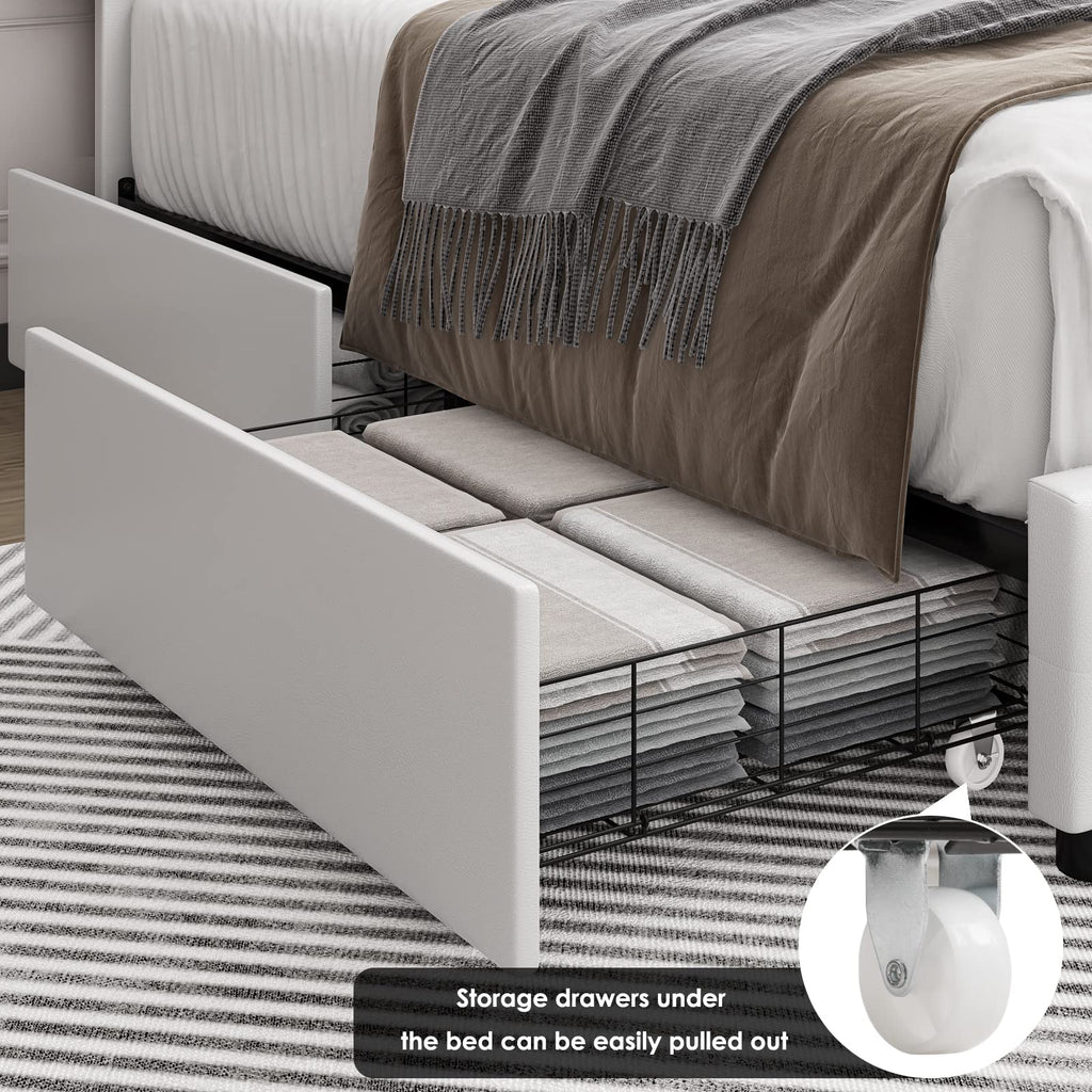 Full Size White Faux Leather Upholstered Platform Bed Frame with 4 Storage Drawers A9940