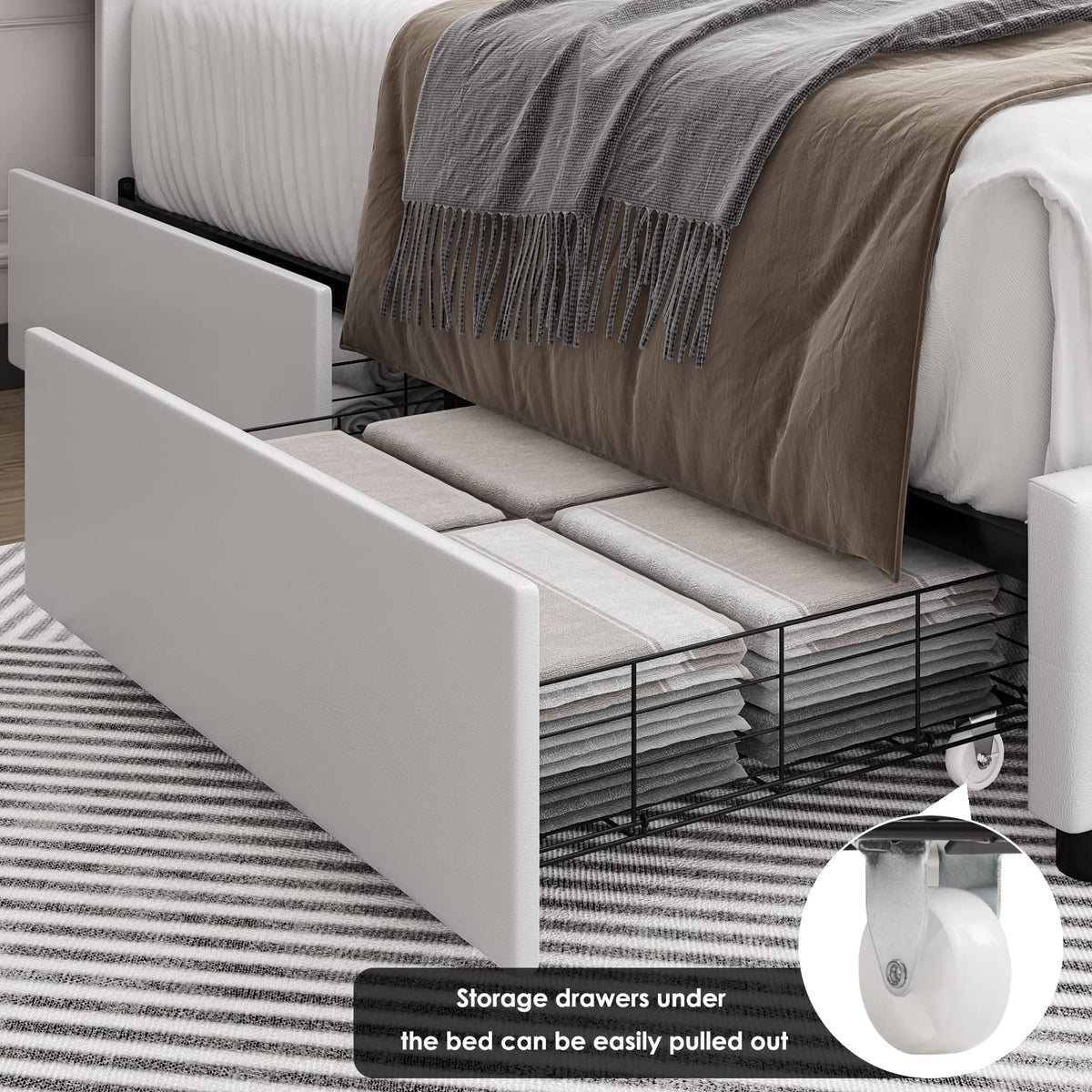 Full Size White Faux Leather Upholstered Platform Bed Frame with 4 Storage Drawers A9940