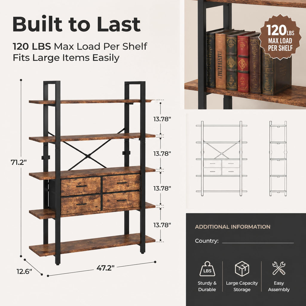 5-Tier Wood and Metal Bookshelf with 4 Fabric Drawers N102